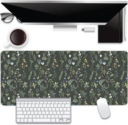 Green Plants Flowers Desk Pad Mouse Pad,Large Floral Mouse Mat with Stitched Edges,Non-Slip Rubber Base Elegant Mousepad for Office PC Keyboard Laptop and Home Work Desk Mat(27.5X11.8 in)