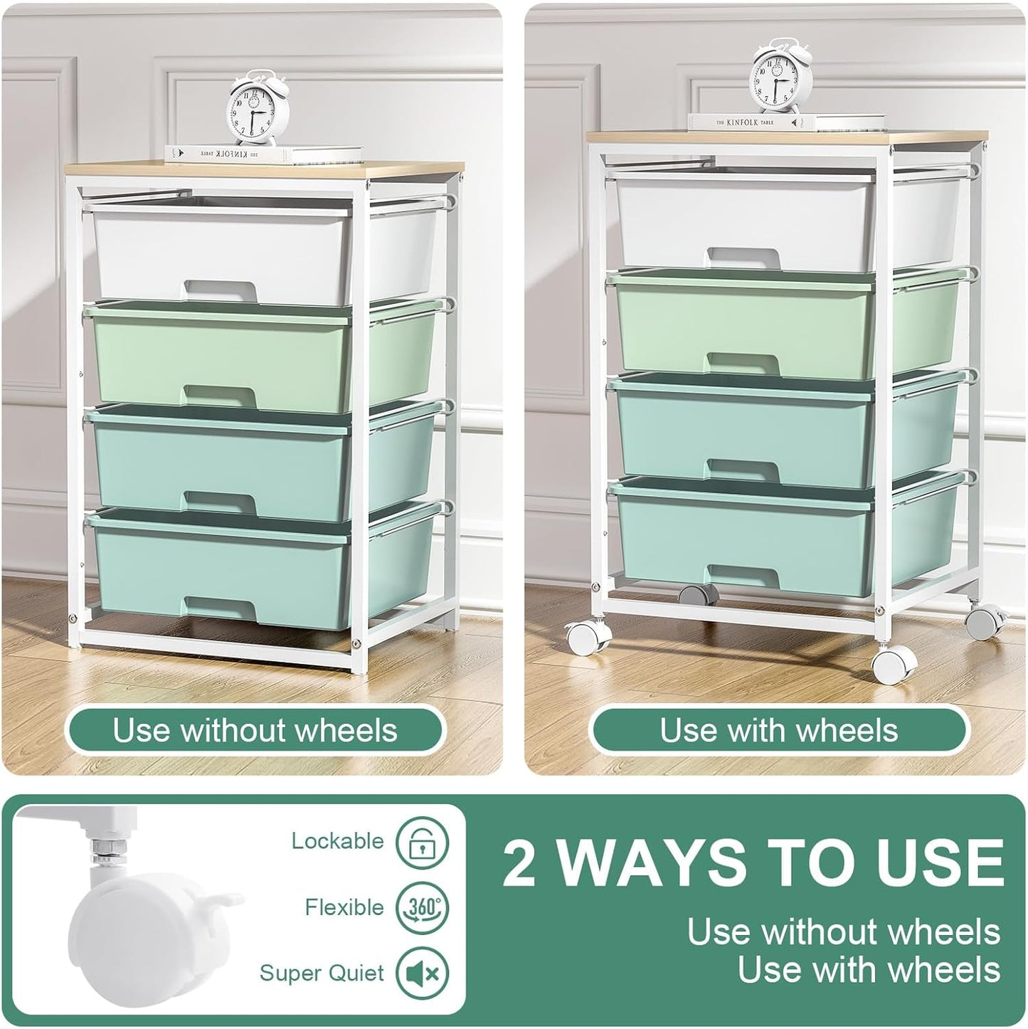 Utility Cart with 4 Drawers,Rolling Storage Cart with Drawers,Storage Rolling Drawer Cart with Wooden Tabletop for Bedroom,Kid's Room,Dorm,Classroom,Office,Green