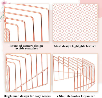 2 Pcs 7 Slot Incline File Sorter Metal Wire Mesh File Racks for Desktop Letter Sorter for Magazine Folder Book Organizer Home Office School Paper Mail Desk Storage Holder (Rose Gold)