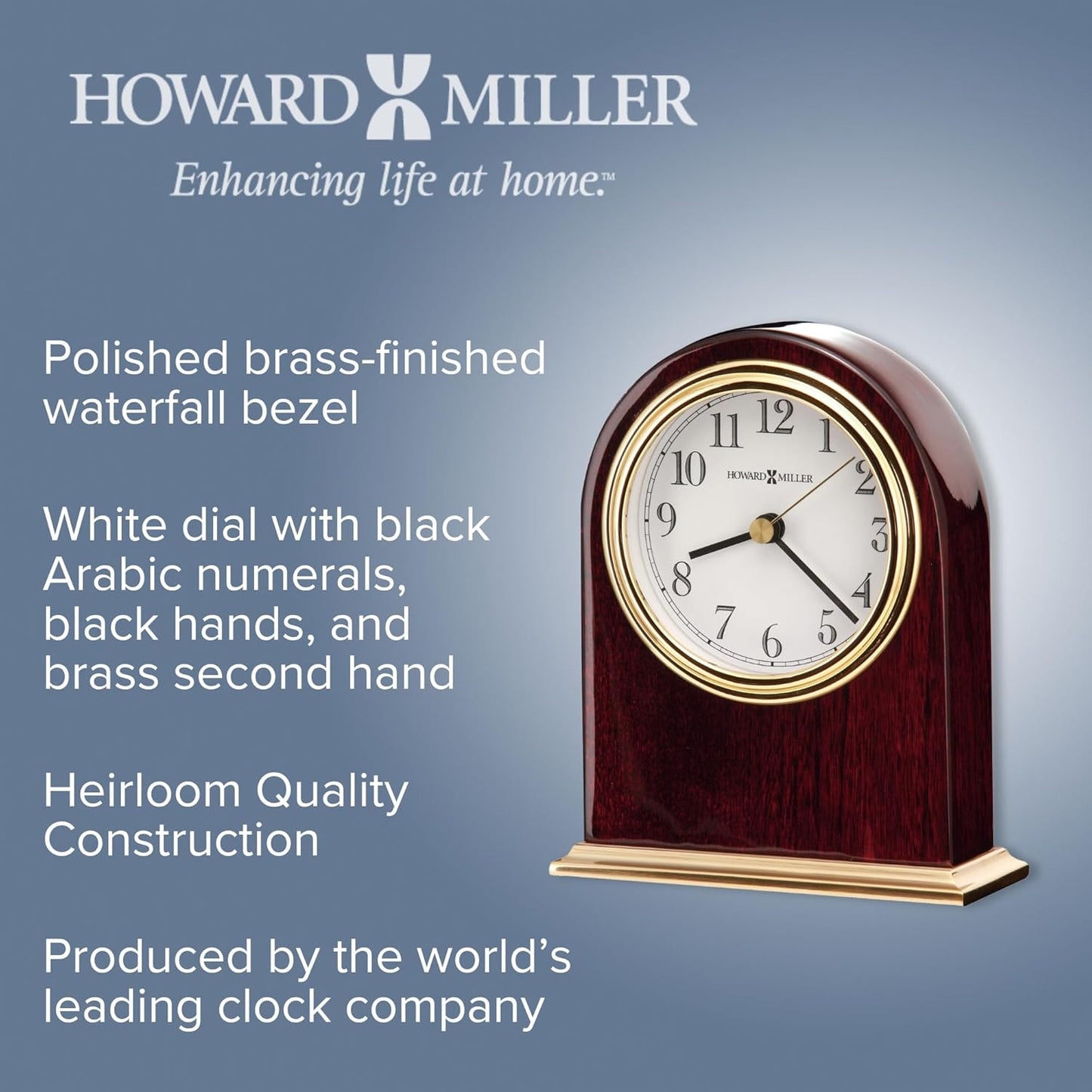 Howard Miller Bailey Tabletop Clock – High Gloss Wooden Finish Clock Battery Operated Quartz Movement Traditional Desk Clock Brass Accents Ideal Wedding & Housewarming Gift Best Office Desk Decor