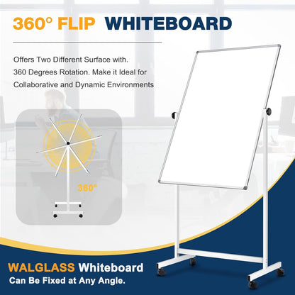 [13 Sq/ft] WALGLASS Rolling Whiteboard & Corkboard Combo with Stand, 24"x40" Reversible Double-Sided White Board Cork Board Combination, Mobile Dry Erase and Bulletin Boards on Wheels