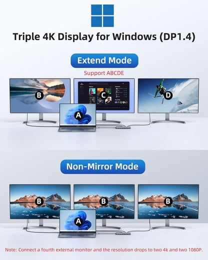 Laptop Docking Station 4 Monitors, Dual HDMI+8K DP+VGA, 10Gbps, 100W PD, 6 USB C/A Ports, Ethernet, SD/TF, LIONWEI 13 in 1 USB C Hub for MacBook/Dell/HP/Surface