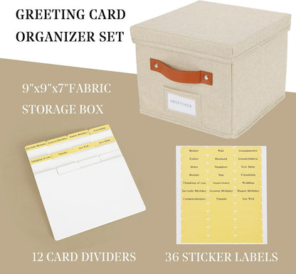 Greeting Card Organizer with dividers - Storage Box with lid Holds 150+ Cards - Assortment Box for Greeting Cards,Recipes, Photos, Envelopes, Keepsake - 9 x 9 x 7 Inches (Beige, 1 pcs)