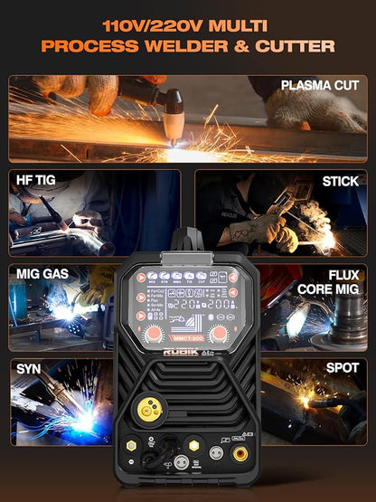 Multiprocess Welding Machine-200A 7 in 1 Welder Combo with HF TIG/Gas MIG/Flux Core MIG/Stick/Plasma Cutter/SYN/Spot/VRD Welding, Spool Gun 110/220V Dual Voltage Aluminum Welder