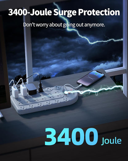 Power Strip Surge Protector (3,400 Joules), DEPOW 24 AC Multiple Outlets (1875W/15A) with 6 USBs (2 USB-C Ports), 8 Ft Long Heavy Duty Extension Cord, Flat Plug, Wall Mount for Home, Office, White