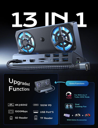 LISEN 10-IN-1 Docking Station for Steam Deck OLED&ROG Ally X&Legion Go, Dual Cooling Fan 5 USB Ports and 4K@60Hz, 100W Charging Port Support ROG Ally 30W Mode, Gigabit Ethernet Fit for Steam Deck OLED