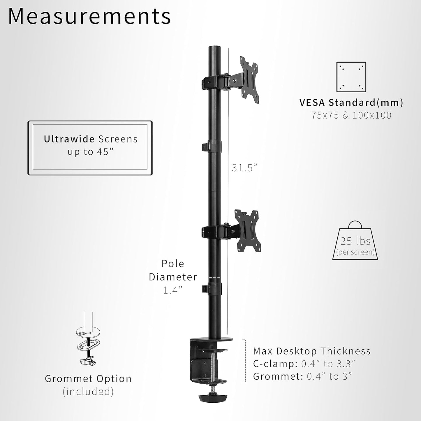VIVO Dual Vertically Stacked Ultra-Wide Monitor Desk Mount, Extra Tall Heavy Duty Adjustable Stand for 2 Ultrawide Screens up to 45 inches, 25 lbs Per Screen Capacity, Black, STAND-V200R