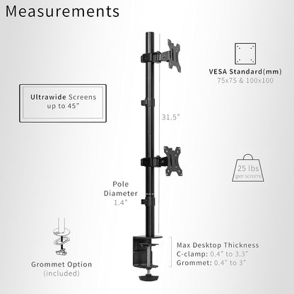 VIVO Dual Vertically Stacked Ultra-Wide Monitor Desk Mount, Extra Tall Heavy Duty Adjustable Stand for 2 Ultrawide Screens up to 45 inches, 25 lbs Per Screen Capacity, Black, STAND-V200R