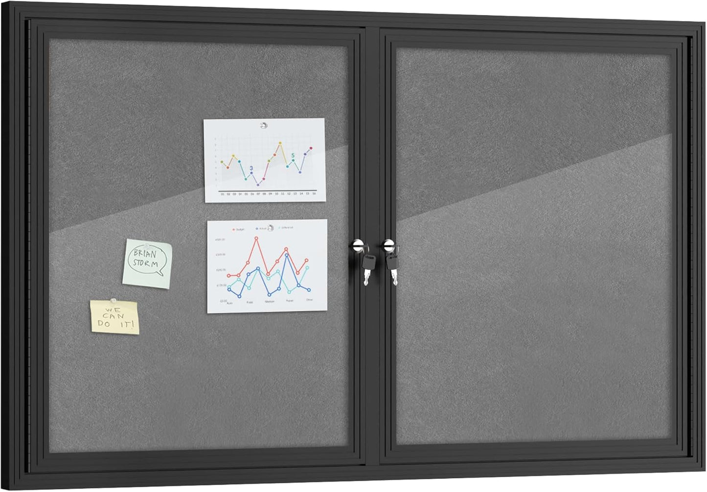 48"x30" Enclosed Bulletin Board, Outdoor Lockable Weather-Resistant Aluminum Cork Noticeboard for School & Office, Black Frame w/Grey Flet