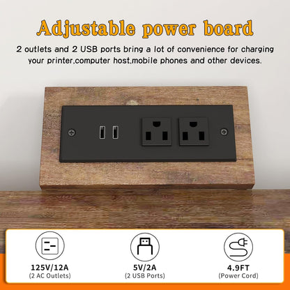 Large Printer Stand with Power Outlet, with Storage Shelf, 2 Tier Rolling Printer Cart with Industrial Wheels, 23.6 x 23.6 Inches Printer Table for Home Office,Rustic Brown