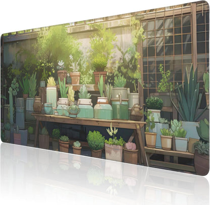 Desk Mat, Cute Lofi Green Extended Large Gaming Mouse Pad for Desk XXL, Non-Slip Rubber Base Stitched Edges Waterproof Long Computer Keyboard Desk Pad Mouse Mat for Home Office Gaming 35.4"X15.7"