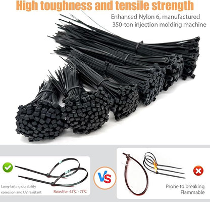 700 Pcs Cable Ties,6 Size 3.2/4/4.7/6/8/10 Inch Black Nylon Electrical Zip Ties,Zipties Assorted Sizes for Home Office,Gardening,Electronics,Cable Management