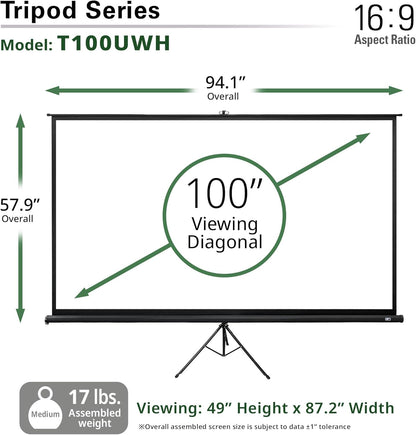 Elite Screens Tripod, 100-Inch 16:9 Portable Projector Screen with Stand– MaxWhite 2, 1.1 Gain, Adjustable Indoor Outdoor Pull Up Projection Screen for Home Theater, Office & Classroom, T100UWH, Black