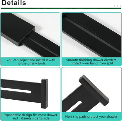 FJO 4 Pack Adjustable Bamboo Drawer Dividers - 11.8" - 17" Expandable Drawer Separators for Kitchen, Utensils, Clothes, Bedroom, Dresser, Bathroom (Black)