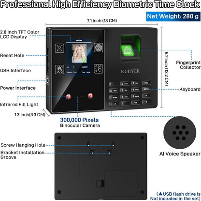 KUIIYER 4 in 1 Employee Time Clocks for Small Business (Face + Fingerprint + Palm Print + PIN) Employee Clock in & Out Machine Attendance Punch Clock