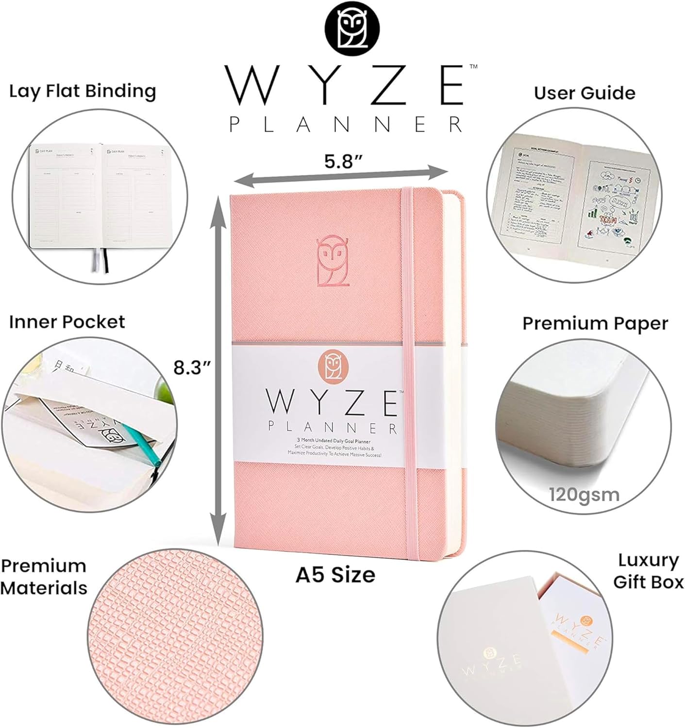 Undated Daily Planner – 3-Month A5 Productivity Organizer with Full Page Per Day, Hourly Schedule, Goal Setting, Habit Tracker, Weekly & Monthly Pages – Hardcover Time Management Notebook (Pink)