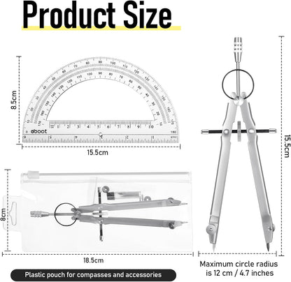 EBOOT Student Geometry Math Set, Drawing Compass and 6 Inch Clear Swing Arm Protractors 180 Degree Math Protractor (Silver)