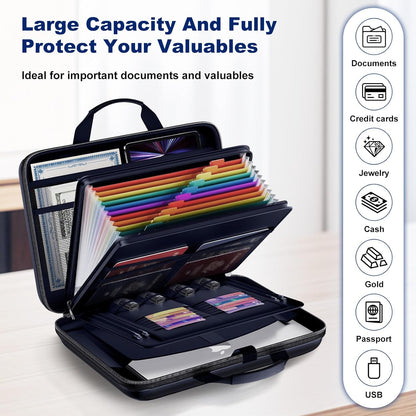 Fireproof Document Box, Hard Case Fireproof File Organizer Box with Lock and 13 Pocket Accordion File Folder, Portable Safe Box for Home Office Travel to Storage Important Documents Laptop Blue