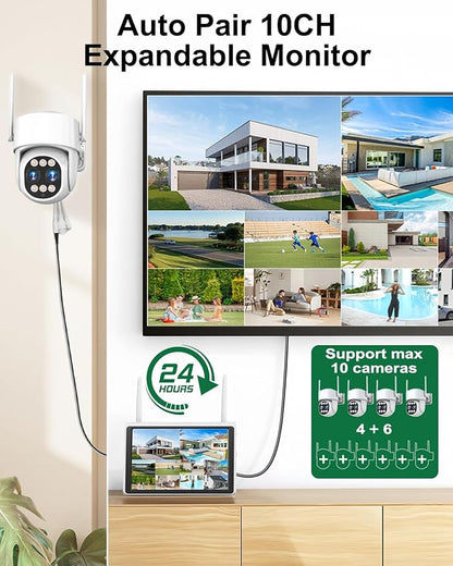 4K Security Camera System Wireless, Dual Lens 4MP+4MP 10X Zoom 2.4G/5G PTZ Cameras for Outdoor Home Security, Auto Tracking, 10” Monitor NVR Pre-Installed with 1TB HDD, 24/7 Record