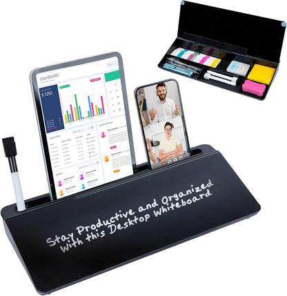 Glass Desktop Whiteboard for Quick Notes & Reminder – Desk Storage with Drawer – Compact Desk Organizer Whiteboard – Small Dry Erase Board - Desktop Accessories for Home Office (Black)