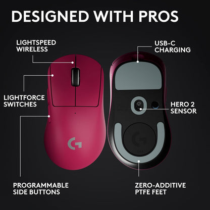 Logitech G PRO X Superlight 2 Wireless Gaming Mouse, 60g Pro-Grade with 5 Programmable Buttons, 44k DPI Sensor, 8kHz Report Rate, USB-C Charging for PC/Mac - Magenta