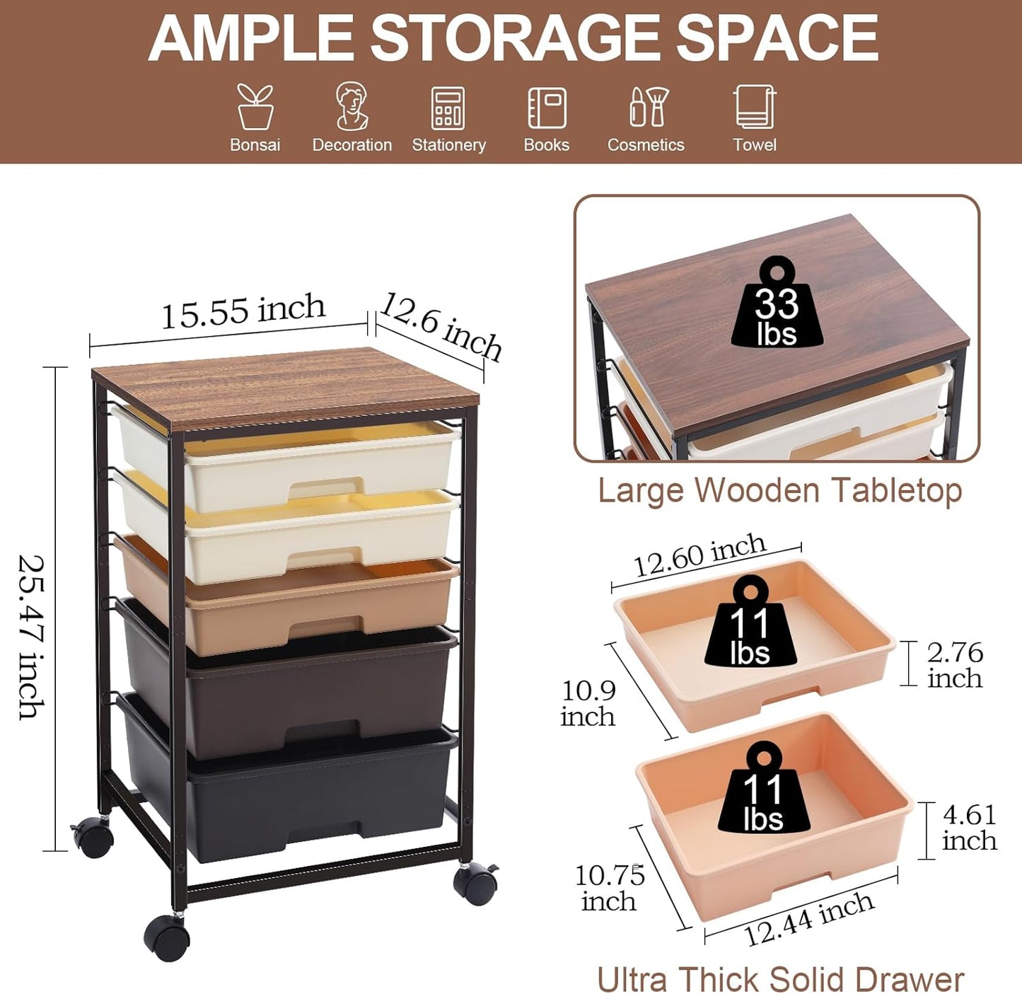 Utility Cart with 5 Drawers,Storage Drawer Cart with Wooden Tabletop and Lockable Wheels,Craft Storage Trolley Cart,5-Tier Rolling Utility Cart on Wheels,Dark Brown