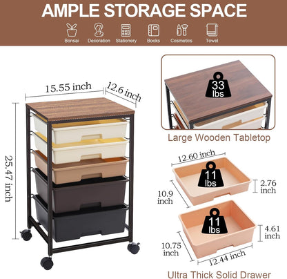 Utility Cart with 5 Drawers,Storage Drawer Cart with Wooden Tabletop and Lockable Wheels,Craft Storage Trolley Cart,5-Tier Rolling Utility Cart on Wheels,Dark Brown