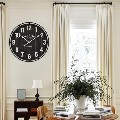 Large Old Town Farmhouse Black Wall Clock 24 Inch Rustic Antique Wood with Metal Circle and Large Numerals Silent Battery Operated Wall Clock for Office Kitchen Bedroom Living Room