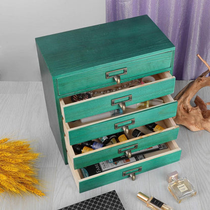 Desktop Organizer with Drawers - Card Catalog Cabinet, Small Wooden Drawers, Vintage Wooden Box, Rustic Desk Organizer and Accessories (S-GREEN)