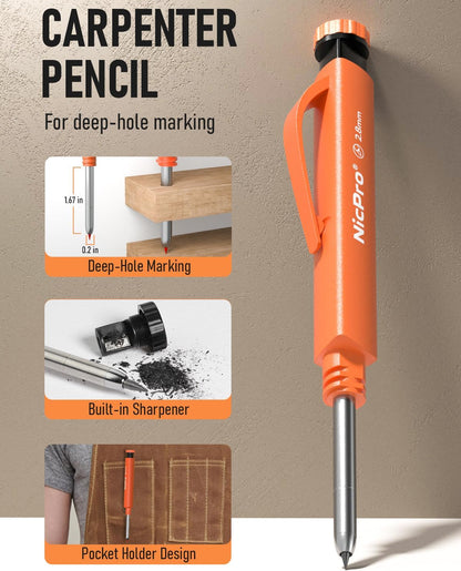 Nicpro Upgraded 3-IN-1 Carpenter Pencils Set with Finger Grip, 1Pcs Construction Pencil with 13 Refill & Mini Spirit Level, Deep Hole Marker Carpenter Tool, Mechanical Pencil for Architect Woodworking