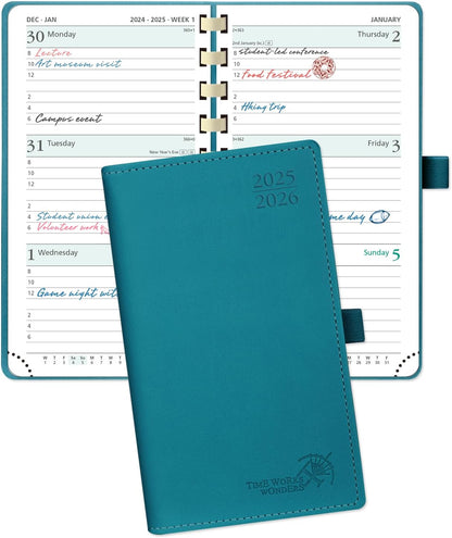 POPRUN Pocket Planner 2025-2026 (Slim Size 3.5'' x 6.5'') Academic Purse Calendar (July 2025 - June 2026) with Hourly Time Slots, 100GSM Thick Paper, Spiral Soft Cover - Pacific Green