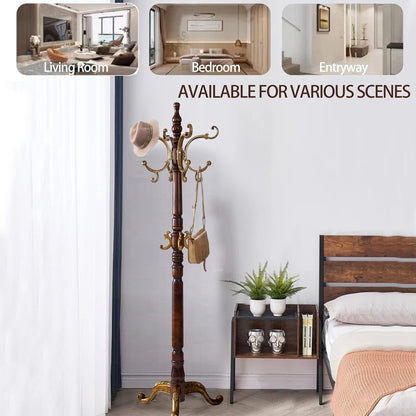 Wooden Coat Racks, Retro 78" Coat Tree with 12 Hooks & Stable Triangular Base, Entryway Coat Rack Freestanding for Hat, Clothes, Scarves, Handbags, Umbrella (Vintage)