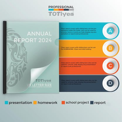 TOTiyea 100 Pack Clear Report Covers with Sliding Bars, 9mm (70 Sheet Capacity) 5 Assorted Colors Sliding Bar File Folders, for Letter Size