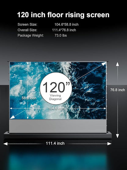AWOL VISION 120" Motorized Rising Matte White Projector Screen for Long Short Ultra Short Throw Projector, Floor Stand Indoor Outdoor Theater Screen, 170°+ Viewable 4K/8K Ultra HD MW-F220