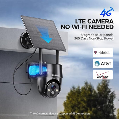 4G LTE Cellular Solar Security Camera Wireless Outdoor, No WiFi Solar Powered Camera, 360° Live View, 2K Color Night Vision, PIR Detection, 2-Way Audio, Motion Alert, Built in SIM Card, Easier to use