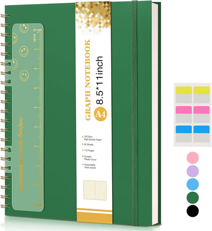 Graph Paper Notebook, Spiral Notebook Journal 8.5” x 11”, A4 Large Grid Notebooks for Women Men, 100 GSM Graph Paper, Plastic Hardcover Spiral Graphing Journals for Work School Engineerin, Green