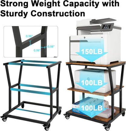 Natwind 3-Tier Large Printer Stand,23.6"x23.6"x29.5" Heavy-Duty Printer Table Cart with Paper Storage Shelf & Wheels,Ideal for Home Office Laser Printers, Copiers (Retro)