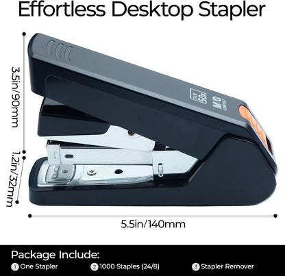 M&G Effortless Stapler 50 Sheet Capacity One-Touch Stapling, Heavy Duty Desktop Stapler Includes 1000 Staples and Remover, Portable Handheld Staplers for Home & Office (Black)