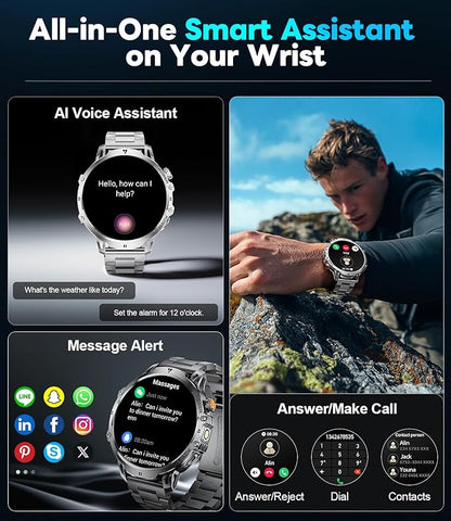 LIGE Smart Watch with 1.85" HD Large Screen, Android iPhone Smart Watches for Men with 1000mAh Battery/LED Flashlight/50M Waterproof/,120+ Sports Fitness Tracker Watch, Silver (Double Straps)