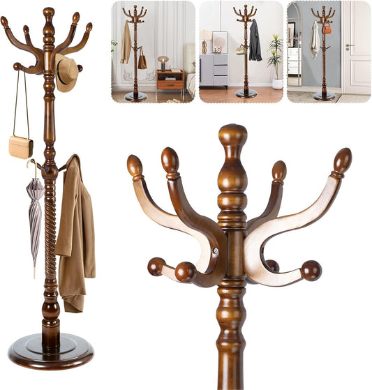 Solid Wood Coat Stand, Freestanding with Stable Base, 70" Birch Coat Tree Organizer for Home, Bedroom, Office, Hallway & Entryway with 11 Hooks