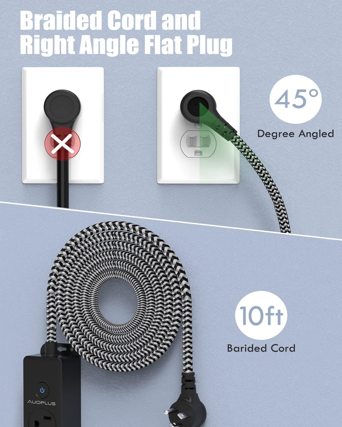 Surge Protector Power Strip with USB C Ports, 10FT Braided Extension Cord, 5 Outlets and 3 USB Ports(1 USB C), AUOPLUS Mountable Power Strips Flat Plug with Overload Protection