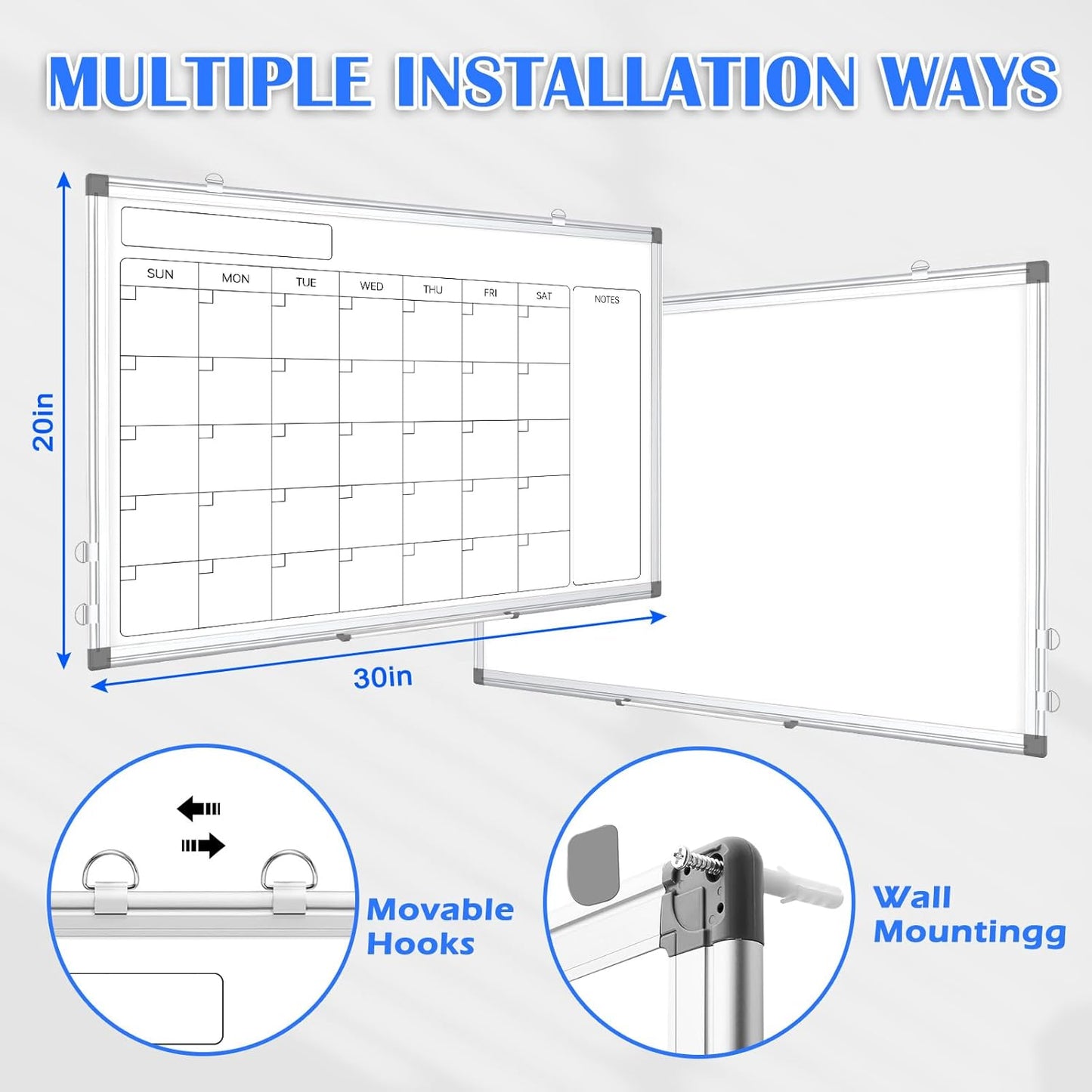 Monthly Calendar Dry Erase Whiteboard for Wall, 30" x 20" Double-Sided Large Calendar White Board, Magnetic Portable Hanging Board for Office, Home, School