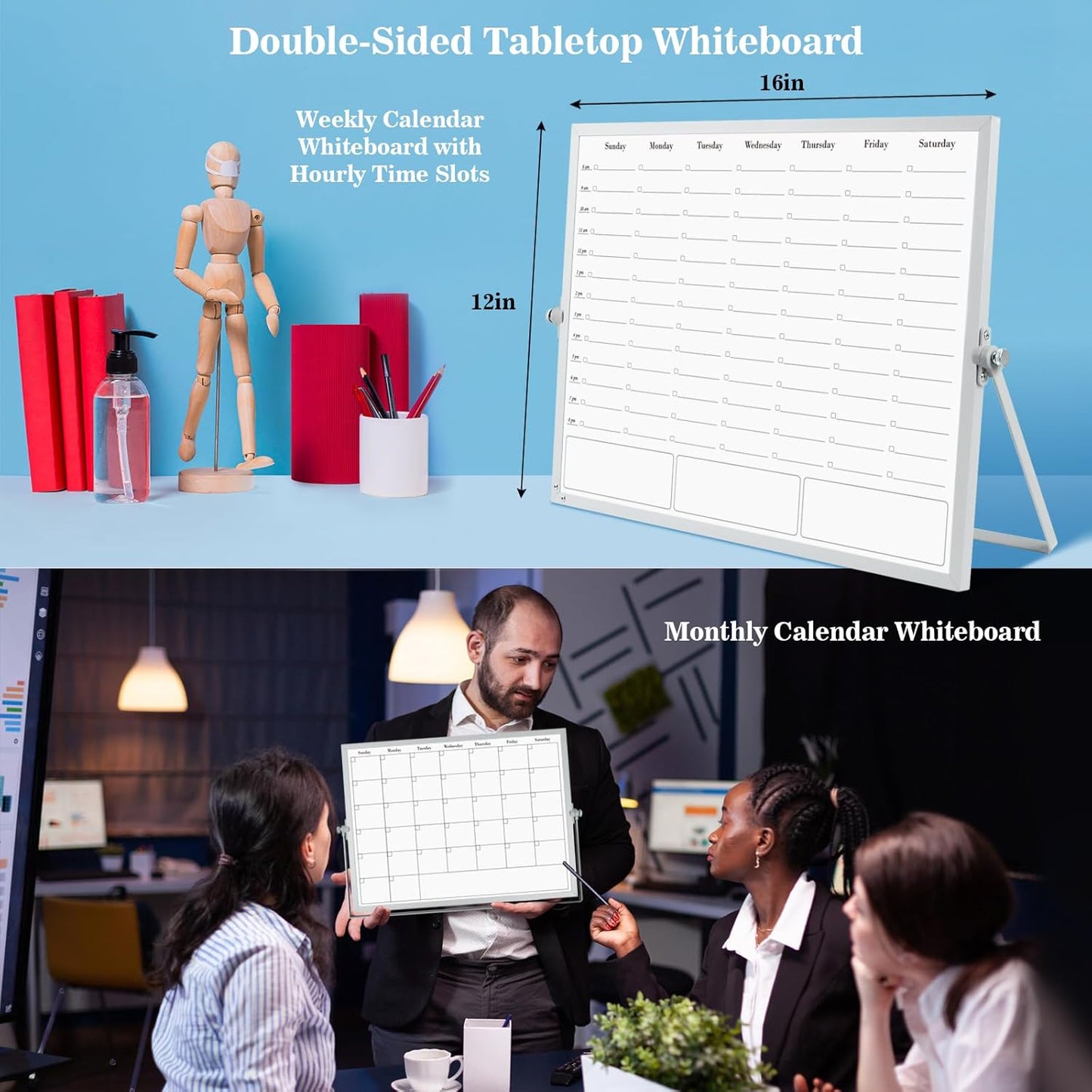 White Board Dry Erase Calendar Planner, Weekly Monthly Magnetic Schedule-Board with Time Slots, Portable Double-Sided Desktop Whiteboard with Stand for Planning, Memo, to Do List 16"×12"
