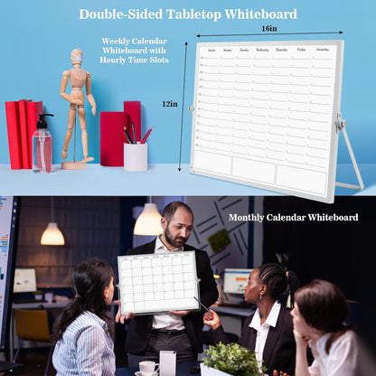 White Board Dry Erase Calendar Planner, Weekly Monthly Magnetic Schedule-Board with Time Slots, Portable Double-Sided Desktop Whiteboard with Stand for Planning, Memo, to Do List 16"×12"