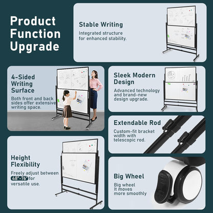 60x48 Inch Large Rolling Dry Erase Whiteboard | Height Adjustable Standing Easel with Wheels | Magnetic Double-Sided Board for Office, Home & Classroom | Teaching Supplies