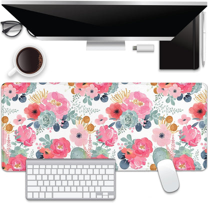 Watercolor Flowers Desk Pad Mouse Pad,Large Floral Mouse Mat with Stitched Edges,Non-Slip Rubber Base Mousepad for Office PC Keyboard Laptop and Home Work Desk Mat(27.5X11.8 in)