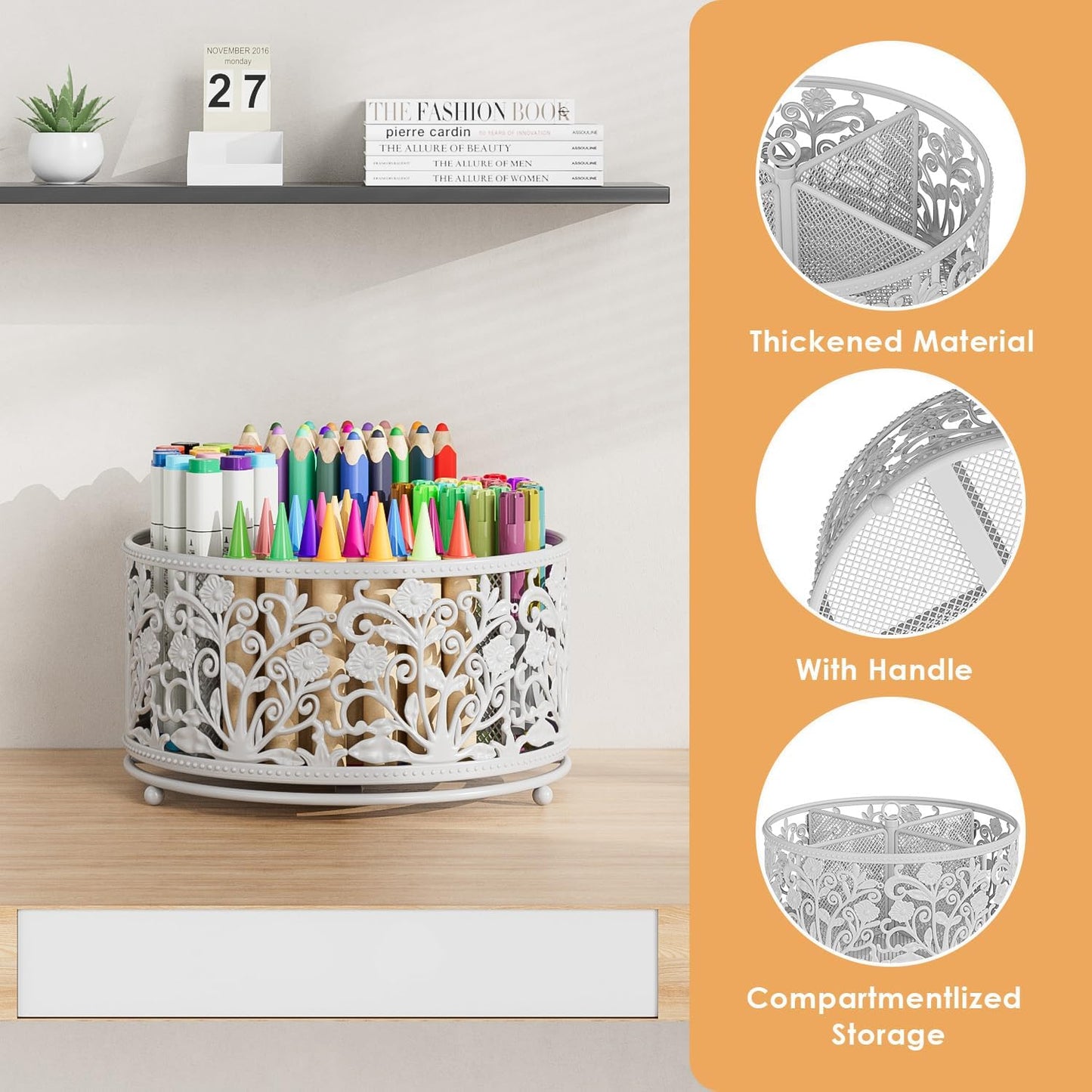 EKNITEY Rotating Mesh Desk Organizer - 4 Slots Cute Pen Pencil Holder Caddy for Office Art Supplies Home School Classroom White