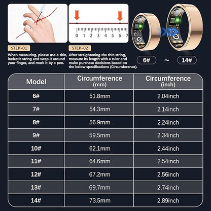 Smart Health Ring for Women Men, Fitness Tracker Ring with Heart Rate, Blood Oxygen, Sleep Tracker, Step Tracker, No Subscription Fee, IP68 Waterproof Smart Ring for iphone & Android (Rose Gold, 14#)