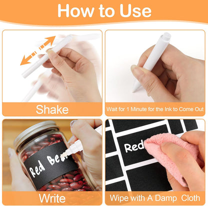 273 Pcs Labels for Jars, Waterproof Reusable Chalkboard Labels for Food Containers, Bottles, Blackboard Stickers with 1 Erasable Chalk Marker (Black)