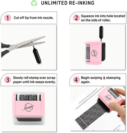 Miseyo Wide Identity Theft Protection Roller Stamp Set - Pink (3 Refill Ink Included)